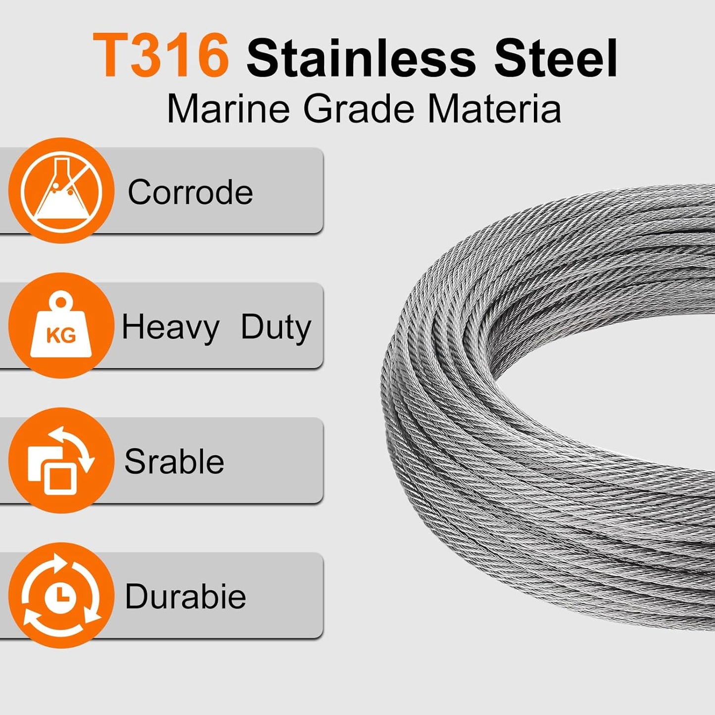 1/8" wire cable, 100ft Wire Rope Metal Cable With Loop Sleeve And Steel Thimble, 7x7 marine stainless steel Strand Core Perfect For Deck Railing System, Outdoor hanging kit, garden fence (SR03)