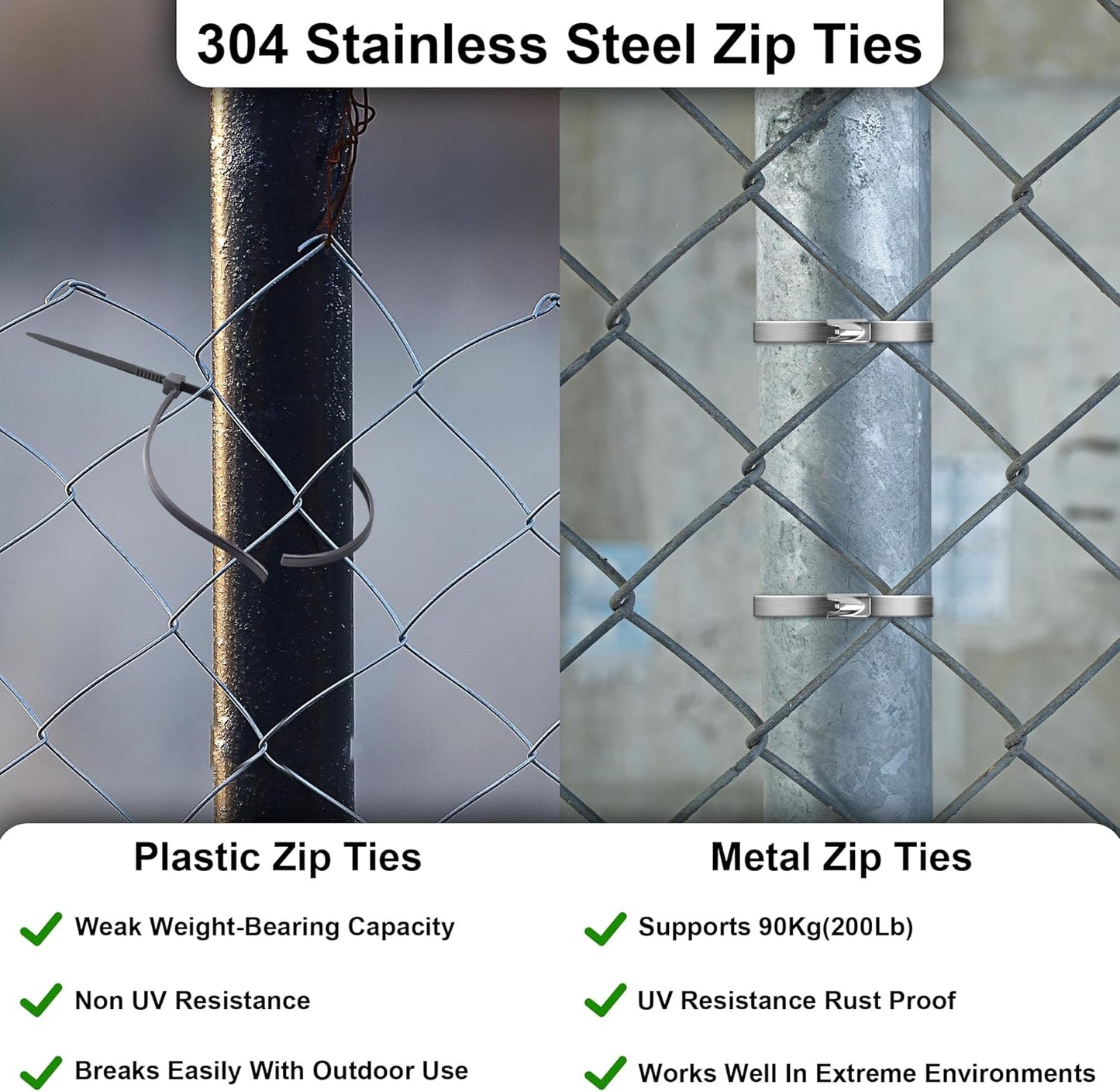 Stainless Steel Zip Ties 11.8 inch 100pcs, 304Stainless Steel Metal Zip Ties Multi-Purpose Heavy Duty Self-Locking Cable Ties for Machinery, Fence, Vehicles, Farms, Cables, Pipesas Well