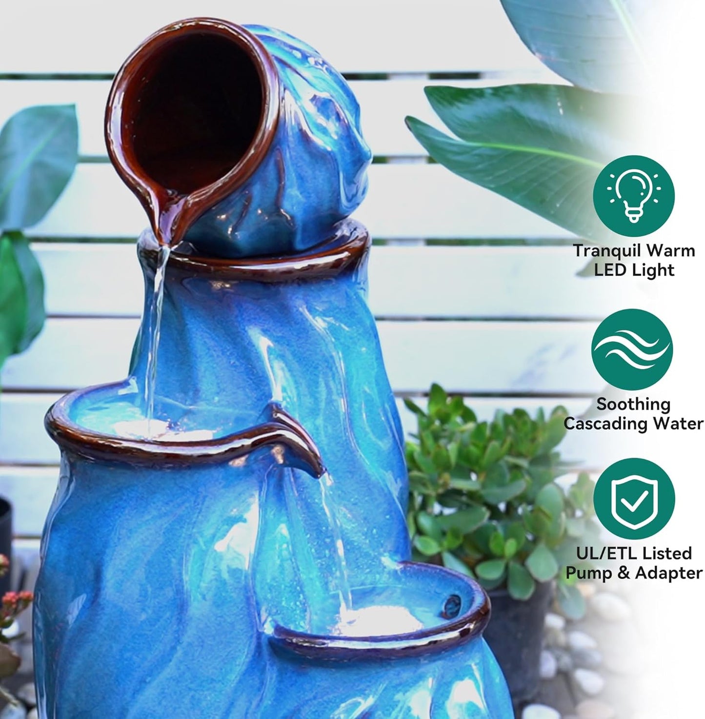 29" Ceramic Outdoor Fountain with Lights, 4-Tier Pots Waterfalls Patio Water Fountain, Tranquil Oasis for Relaxing Garden, Yard, or Porch Decor, Turquoise, Dynamic Wave-Texture
