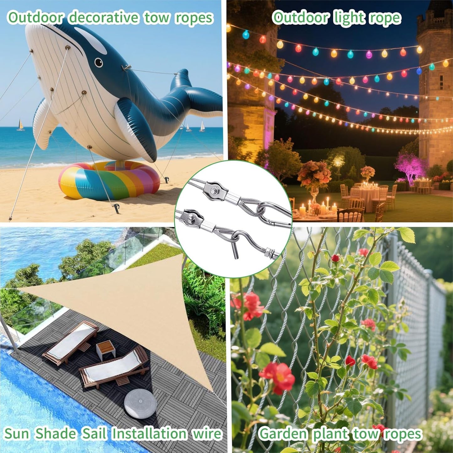 5/32" Wire Cable Rope Kit ，Vinyl Coated 304 Stainless Steel Wire – 300FT 7x7 Strand Cable with Turnbuckles，Shade Sail & Hanging Lights Hardware Kit for Outdoor, Garden,Patio, Crafts, Hanging Lights