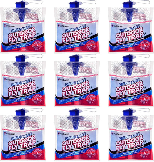 Fly Traps Outdoor Fly Trap for Patio. 9 Non-Toxic Pre-Baited Flies Bags Outdoor Disposable. Hanging Bug Catchers for All Filth Flies Killer for Outside Bug Control in Yard Horse Ranch Trash Can