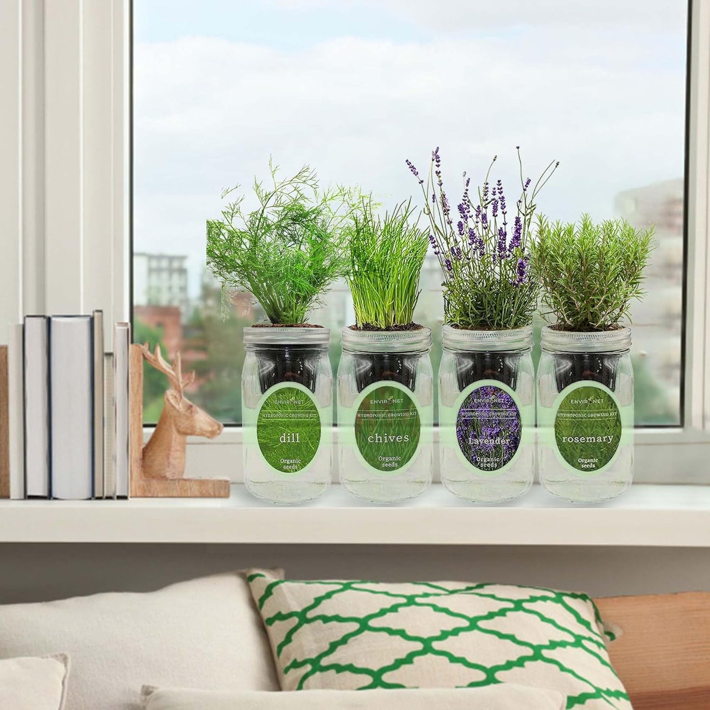 Hydroponic Herb Growing Kit Set, Self-Watering Mason Jar Herb Garden Starter Kit Indoor, Grow 4 Kinds of Herbs from Seeds (Chives,Dill,Lavender&Rosemary)