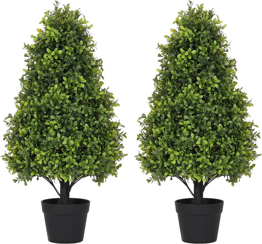 30" Artificial Boxwood Faux Plants Outdoor, UV Resistant Topiary Trees Realistic Cone-Shaped Fake Bushes and Shrubs Potted Fakeplants Set of 2 for Front Porch Patio Outside Planter Decor