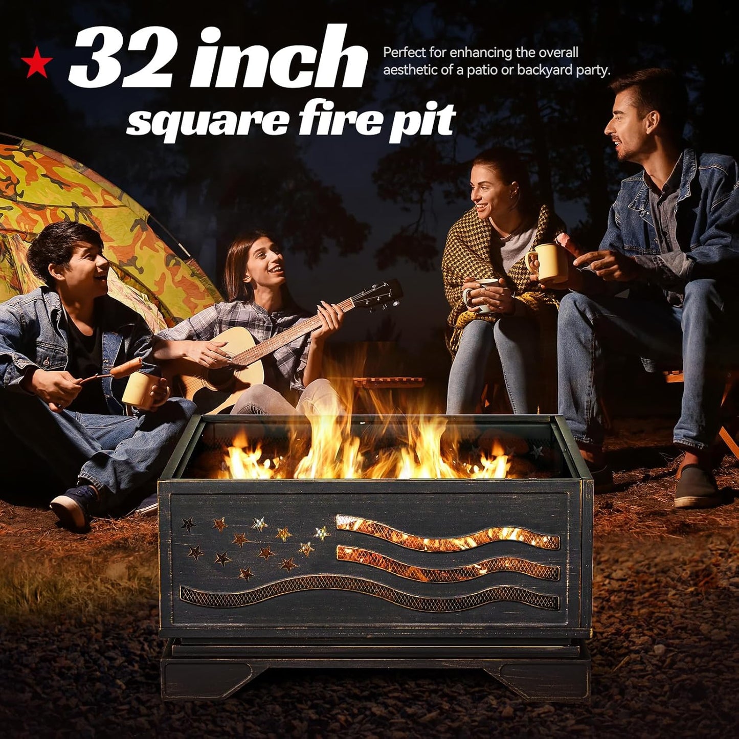 32Inch Square-Shaped Fire Pit,Outdoor Fire Pits with Spark Screen&Poker,Metal Square Wood Burning Firepits for Outside,Backyard,Bonfire,Patio,Party,Garden,Picnic and Camping(Antique Bronze)