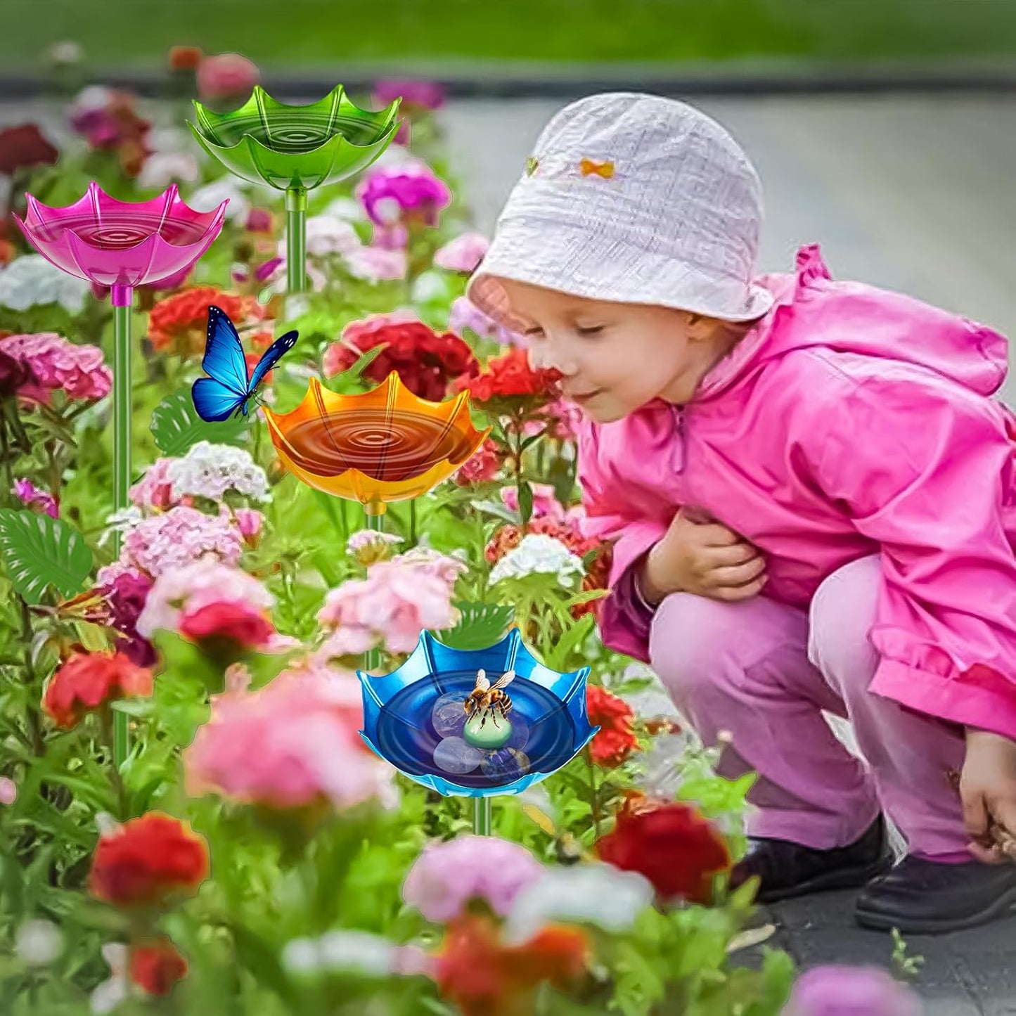 Bee Watering Station for Garden, 2 Pack Bee Drinking Station with Umbrella Design, Metal Butterfly Feeder Bee Baths for Outdoor Garden Yard Decor (Blue,Yellow)
