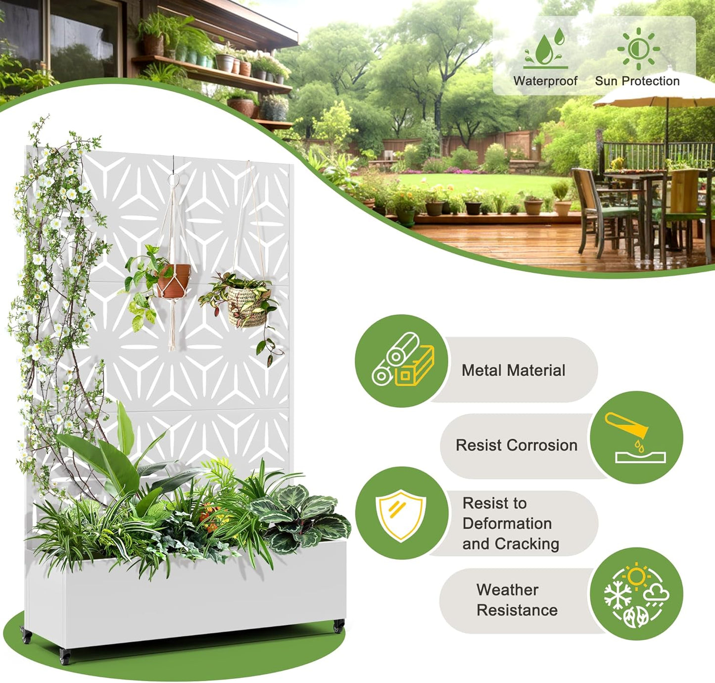 FENCY Metal Raised Garden Bed with Wheels and Trellis,73"x47"x16" Planter Box for Climbing Plants, Vegetables & Vines, Features Privacy Screen and Drainage Holes (White-Star)