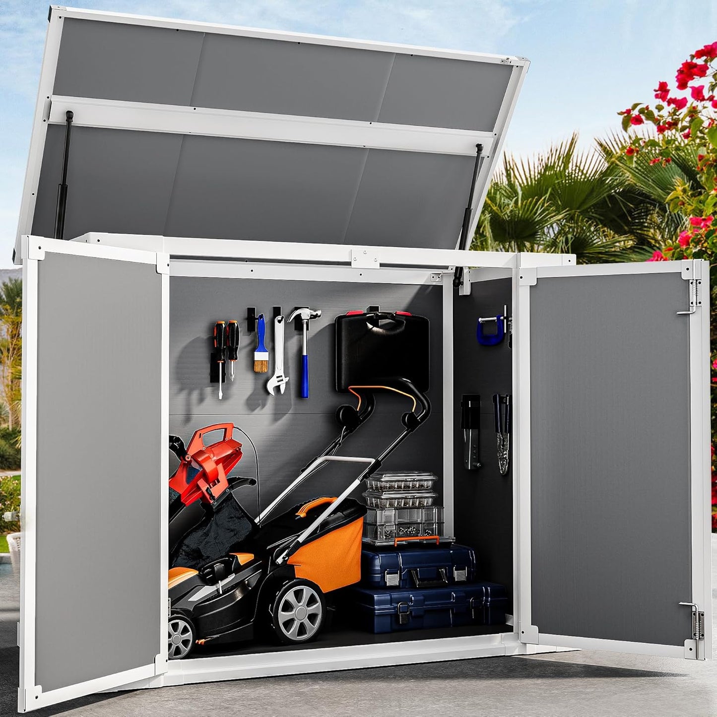 DWVO 41Cu.ft Outdoor Storage Shed w/o Shelf, 4.7x2.5 FT Horizontal Resin Tool Shed with Hydraulic Gas Rod and 3 Locks for Garden, Trash Cans, All-Weather Outdoor Storage, Lockable, Gray