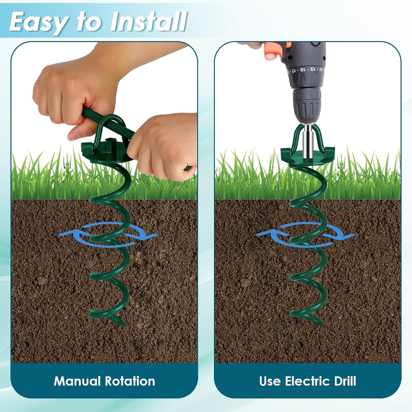 FEED GARDEN 12.2 Inch Spiral Ground Anchors Heavy Duty Screw in Spiral Stakes 4 Pack Folding Ring Ground Stakes for Securing Dogs,Tents, Trampolines, Canopies, Swing Sets,Green