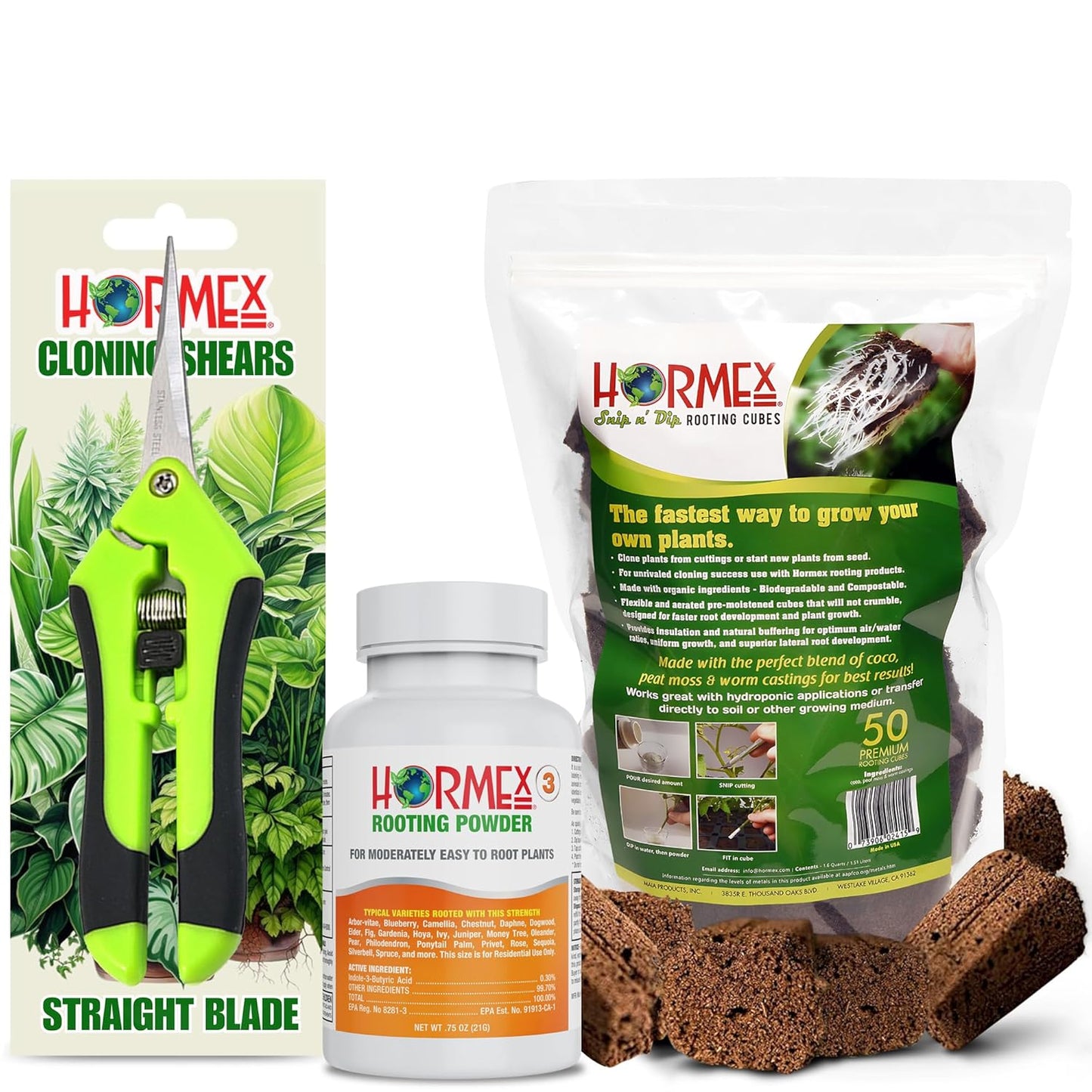 Hormex Rooting Powder #3, Rooting Cubes & Shears Combo - Rooting Hormone for Common Houseplant Cuttings | Root Starter Cubes for Home & Garden Plants | Precision Straight-Blade Shears (50 Grow Plugs)