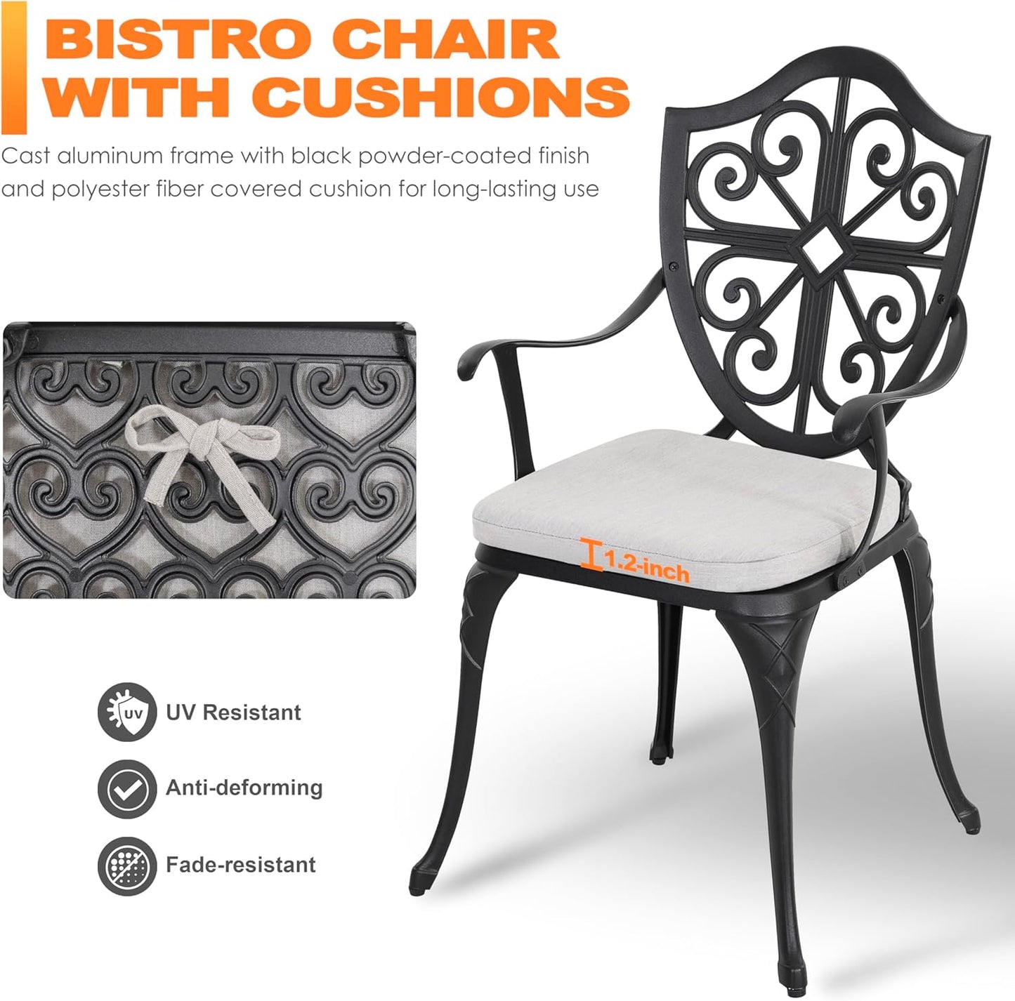 NUU GARDEN Bistro Set 3 Piece Outdoor, Cast Aluminum Patio Bistro Sets with Umbrella Hole and Grey Cushions, Bistro Table and Chairs Set of 3 for Patio Backyard, Black