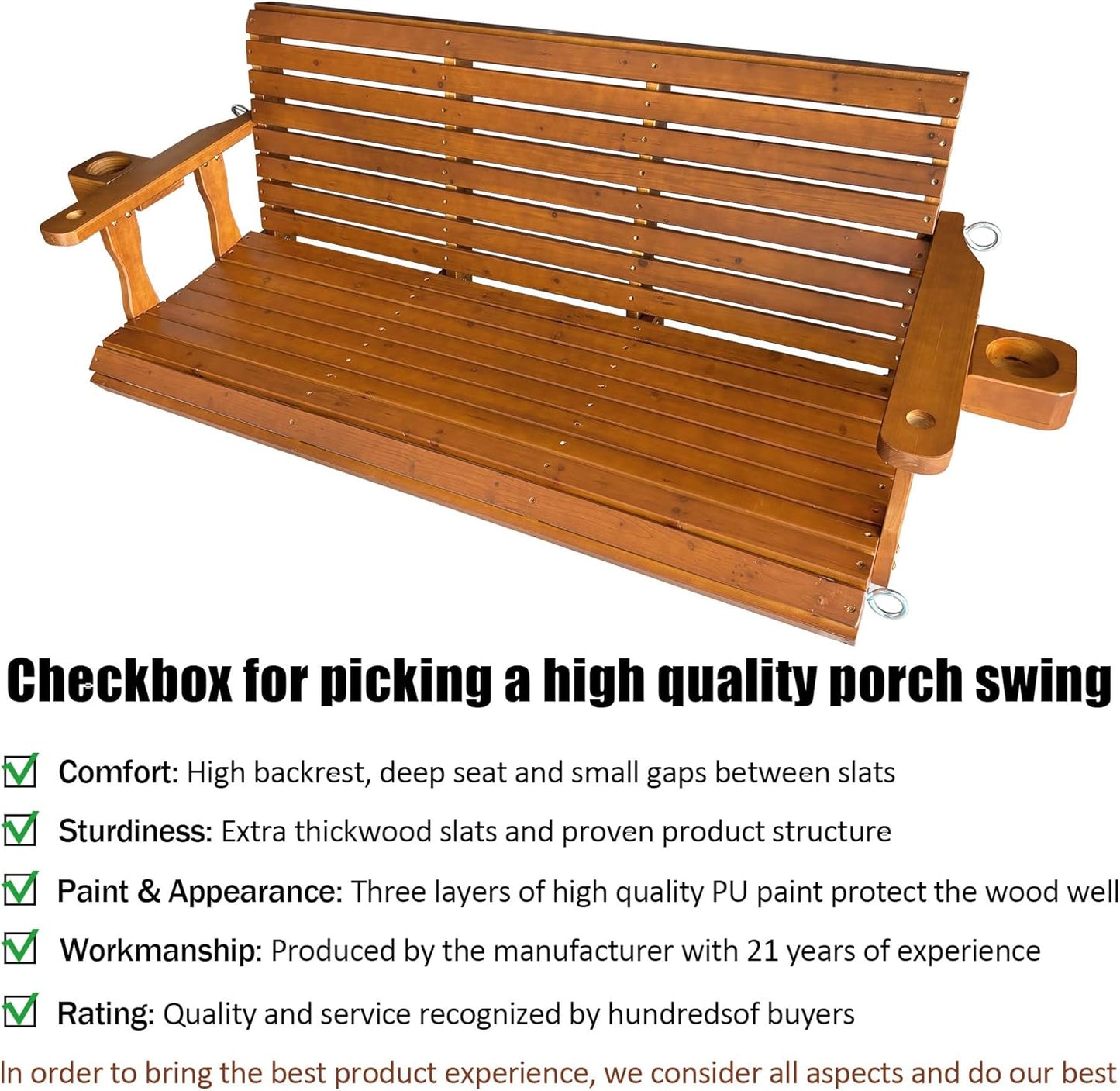 Wooden Porch Swing 2-Seater, Bench Swing with Cupholders, Hanging Chains and 7mm Springs, Heavy Duty 800 LBS, for Outdoor Patio Garden (Warm Teak Color, 5 FT Extra Large)