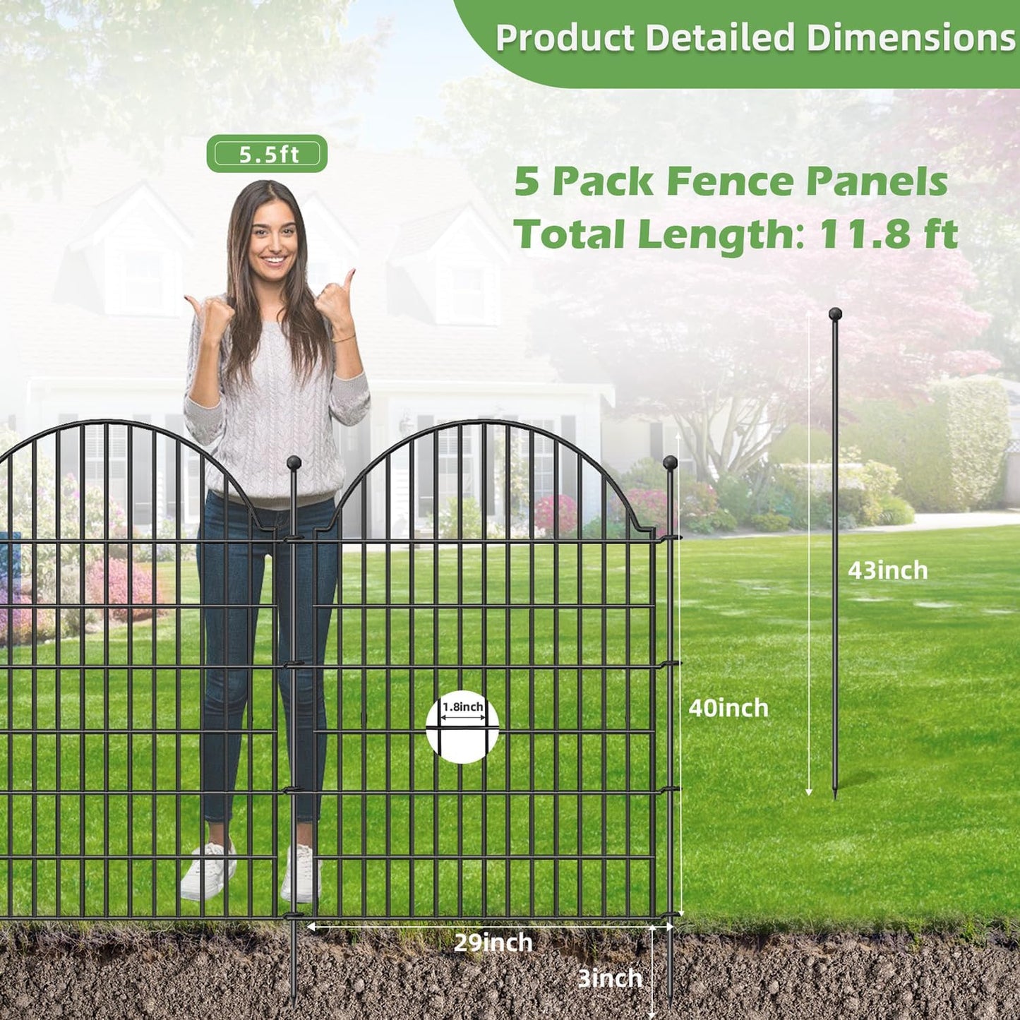 5 Panels Decorative Outdoor Garden Fencing for Yard, 40in (H) x 11.8ft (L) No Dig Animal Barrier Fence, Rustproof Metal Wire Dog Fences Outdoor Panel Border with Temporary Ground Stakes