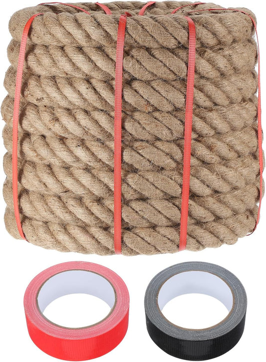 MECCANIXITY Jute Rope 2 Inch x 59ft, Thick Twine Rope Ropes Braided Jute Twine Natural Brown Burlap Cord String Heavy Twisted with Tapes for Decorative Crafts Railing Swing Tug of War
