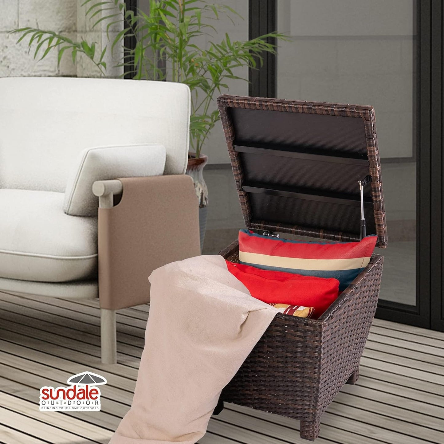 Sundale Outdoor Small Deck Storage Box with Lid, 13 Gallon Outdoor Bin Storage Container for Hose Cushion Towel, Patio Fully Assembled Brown Wicker Side Table with Storage - Rattan
