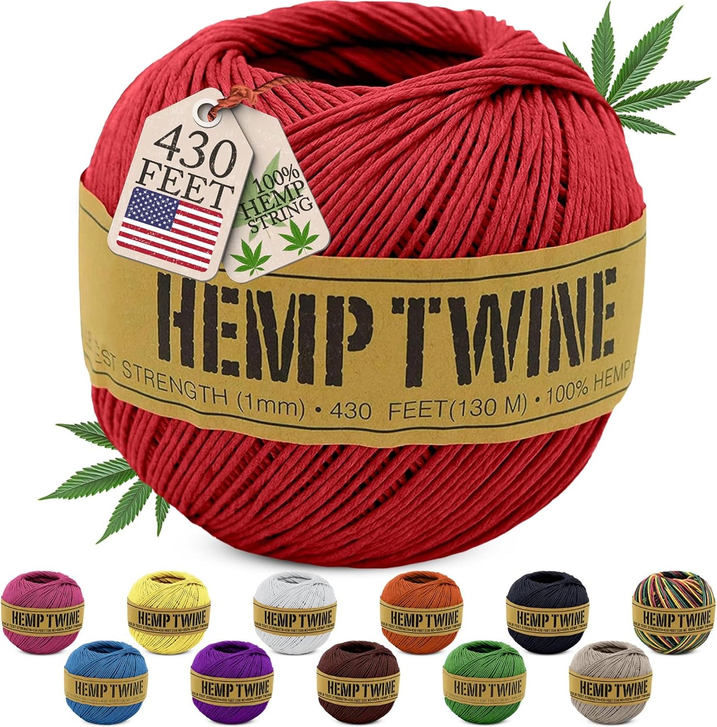 Hemp Twine for Gardening - Twine for Crafts - Organic Natural Hemp String for Jewelry Making - Strong Durable Cord for Decoration, Macrame + Cooking - 1MM, 100G/430 Ft. - 20 lb. Test Strength - Red