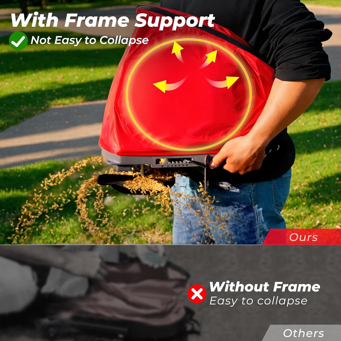 Walensee Handheld Seed Spreader with 25lb Bag, Frame Support, Flow Control, Enclosed Gears, Rear Baffle, Adjustable Strap & Goggles – Bag Seeder for Lawn and Garden, Red