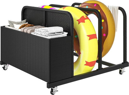 DWVO Pool Float Storage, Pool Storage Bin with PE Rattan,Pool Storage for cushions, Floaties, Noodles, Life Vests, Beach Balls, Patio Furniture (Black)