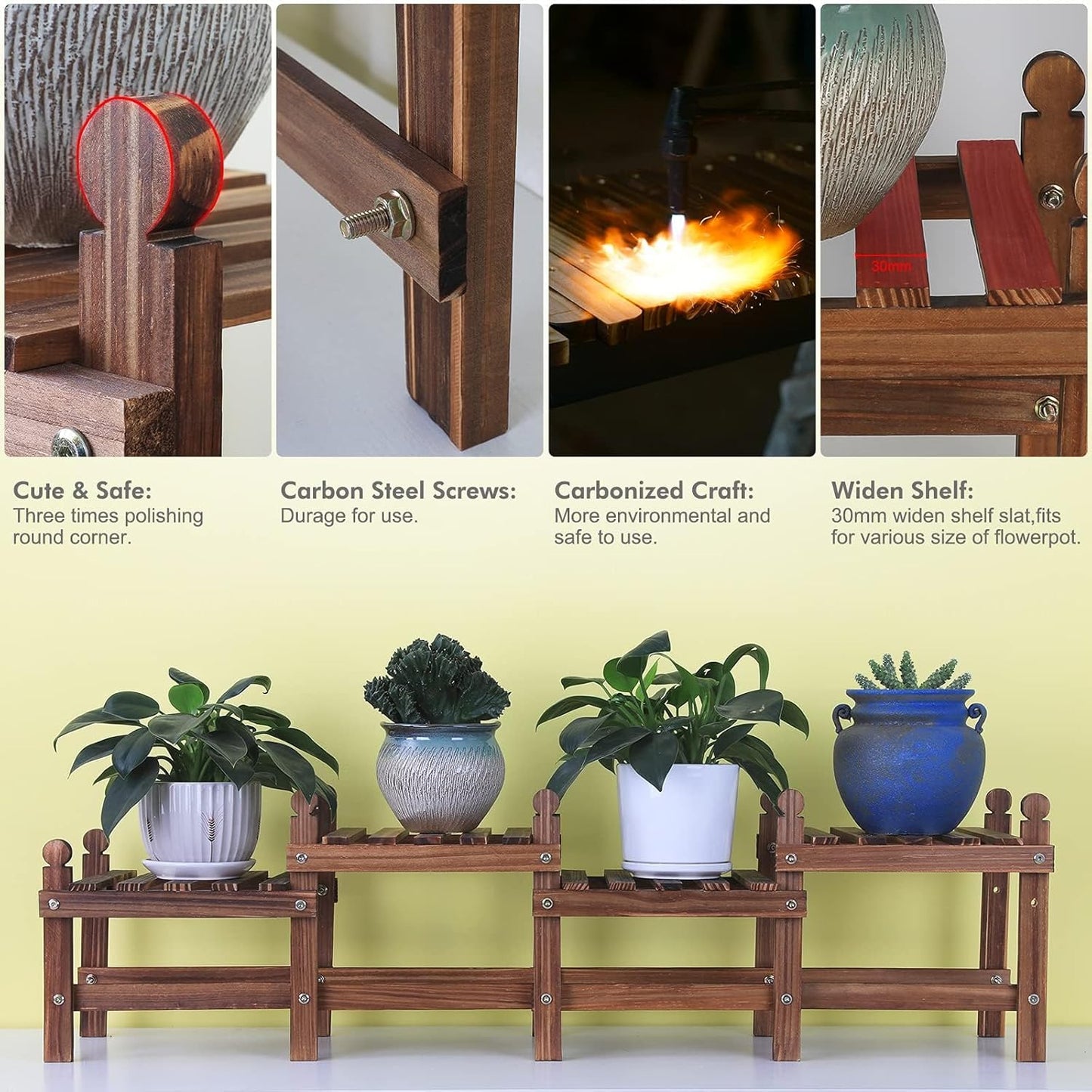 Wood Plant Stand Indoor Outdoor,4 Tiers Plant Stand Bench Indoor,Low Window Plant Shelf Small Long Flower Pot Stand for Multiple Plants (11.8"-44'')