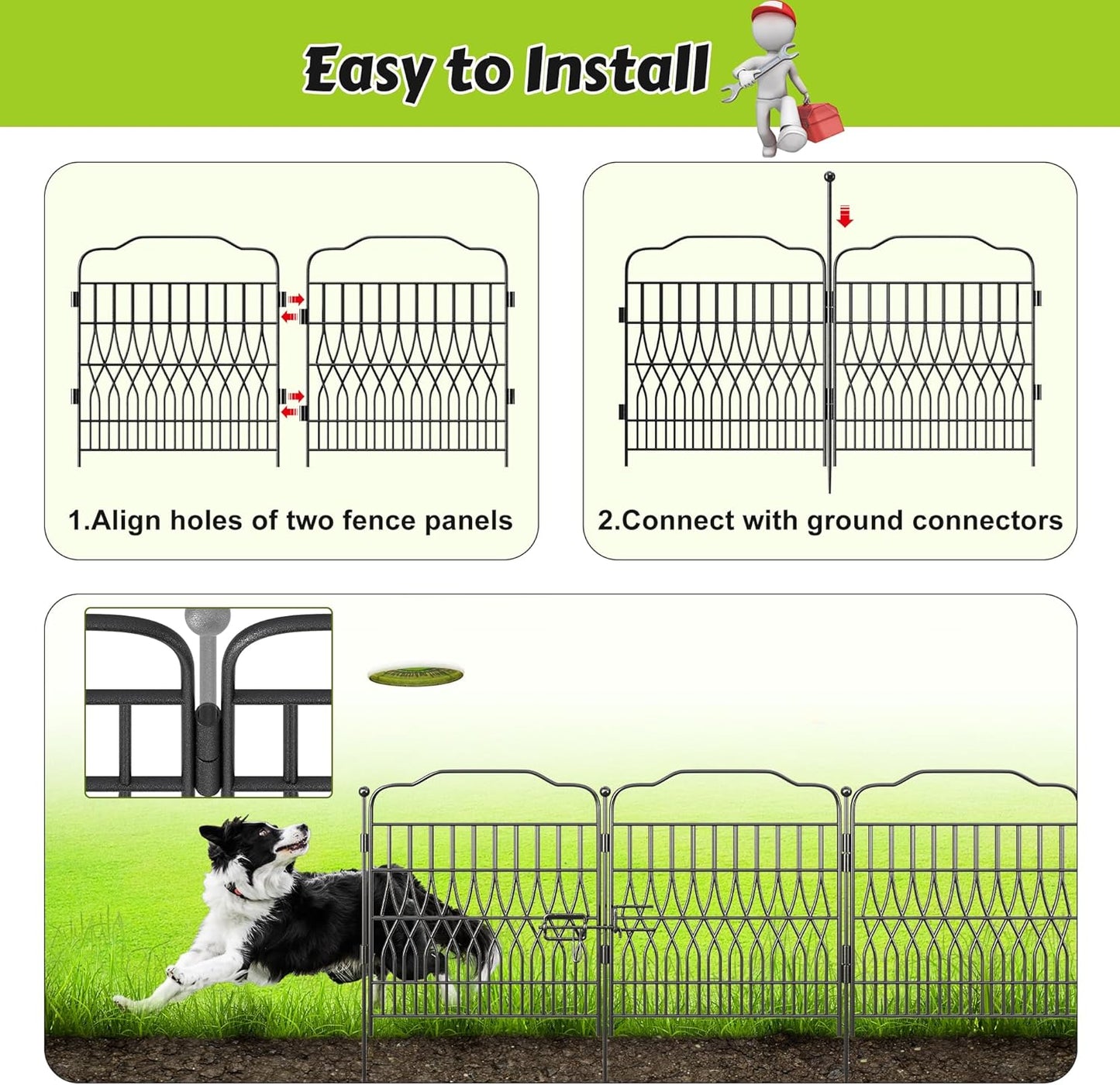 Bepatio 10 Panels Garden Fence Border with Latch, 24in (H) x 20ft (L) Dog Fence Outdoor for Yard, Arc Metal Fencing Panels, Animal Barrier Fencing for Outdoor, Patio, Flower Bed