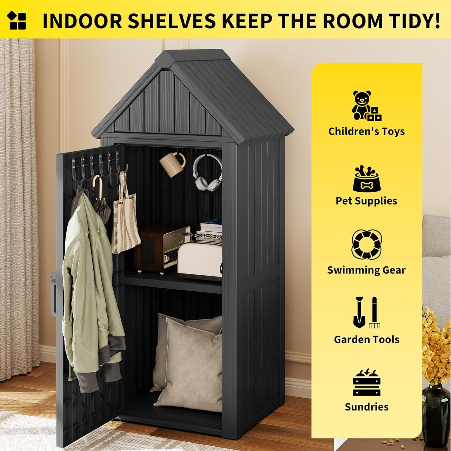 Outdoor Resin Storage Shed, Upgrade Durable Storage Cabinet with Removable Shelves and Lock Ring, Reinforced Floor, All-Weather Construction for Garden Patio Lawn (Black)