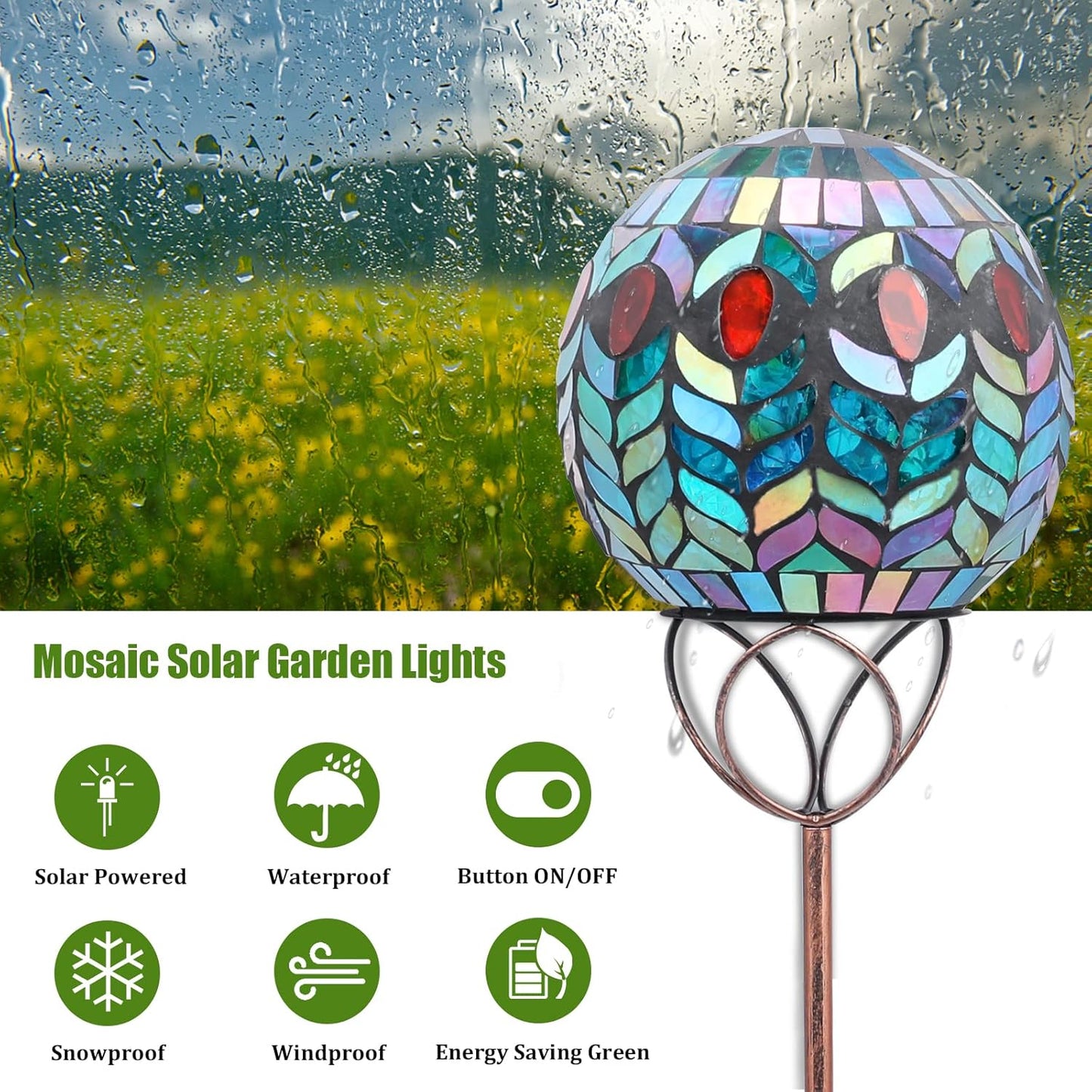 VCUTEKA Solar Outdoor Lights Garden Decor Mosaic Solar Garden Lights Waterproof Glass Ball LED Pathway Stake Light for Landscape Lawn Patio Yard Decoration 6 inch, Colorful