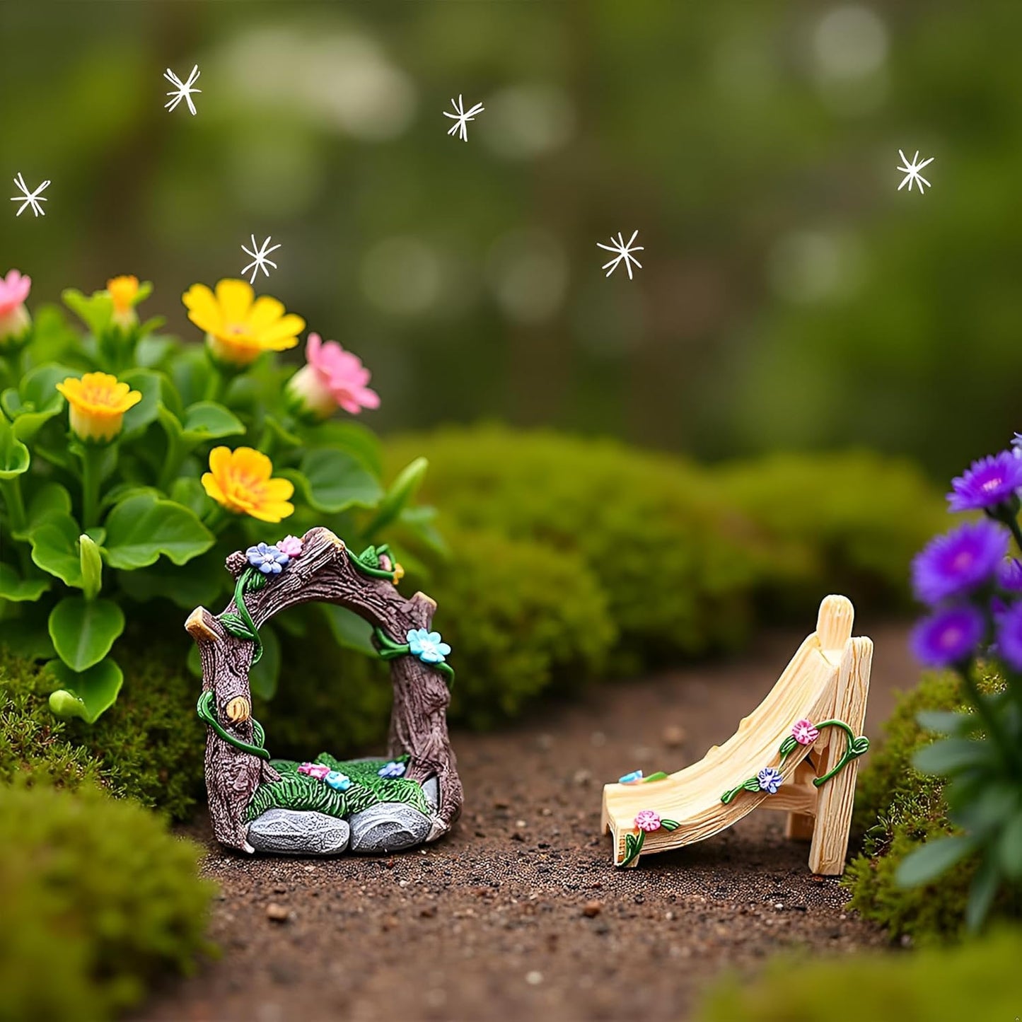 Kai Dream Miniature Fairy Garden Accessories Set, 3 Piece Resin Decorative Landscape Kit with Arch, Bridge and Slide, Floral Garden Ornaments