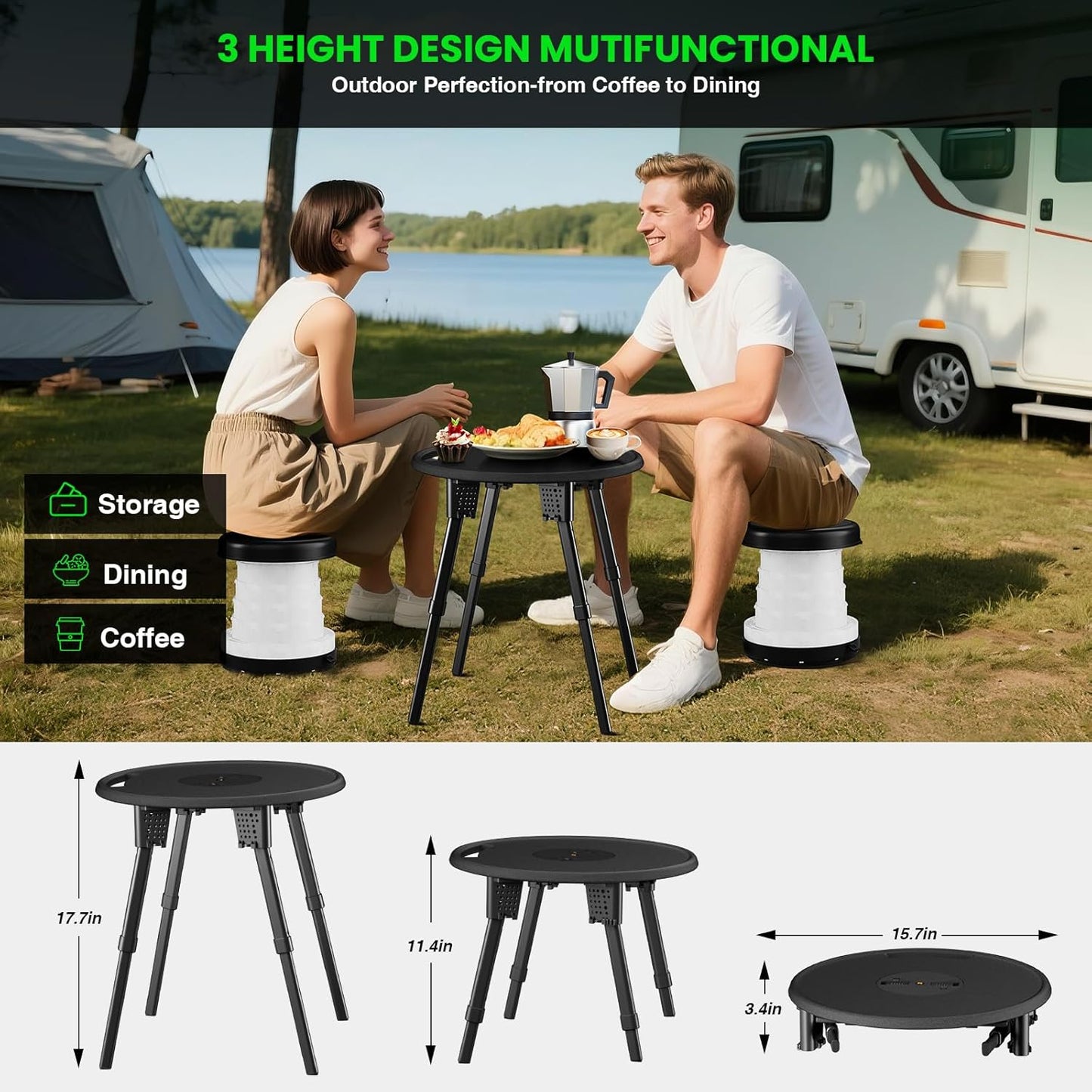 LED Camping Table Set with Stools, 300lbs Capacity Adjustable Height Folding Table & Chairs, All-in-One Compact Design for Outdoor, Camping, Picnic, Tailgating