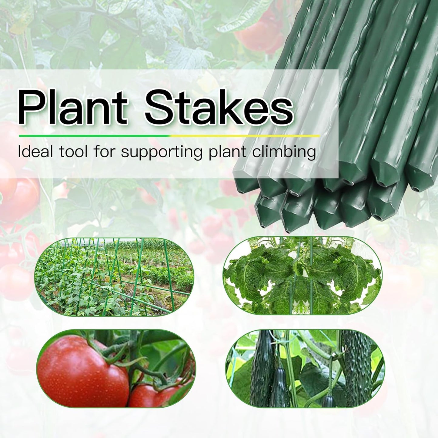 Garden Stakes 57 Inch, Approx 5ft Steel Plant Stakes 25 Pack for Gardening and Farm, 57" Plastic Coated Plant Support for Tomato, Cucumber, Bean, Flower, Potted More Climbing Plants