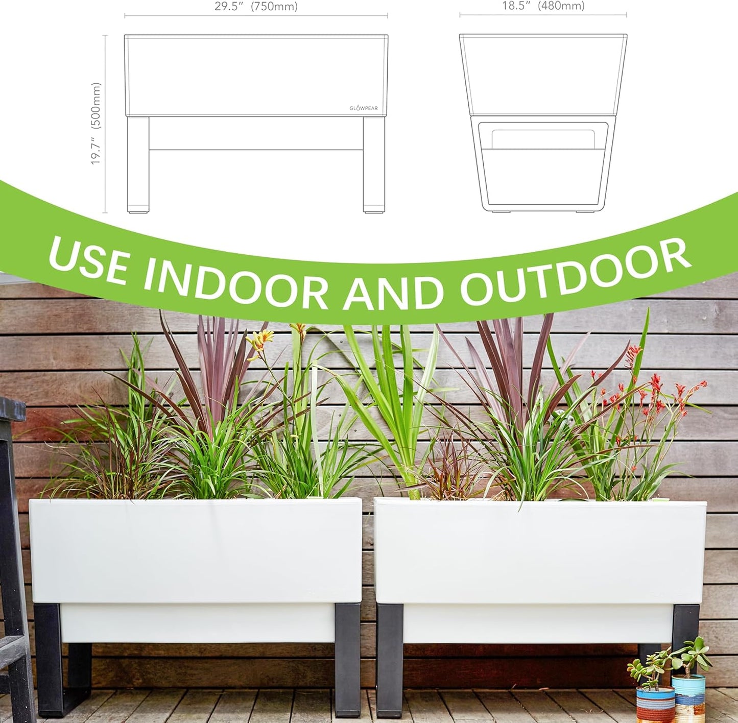 Glowpear Self Watering Planter Box - 29.5", White - UV Stable, Scalable Urban Raised Garden Bed with Water Gauge, Indoor Outdoor for Vegetables, Flowers, Herbs, and Succulents, Gardening