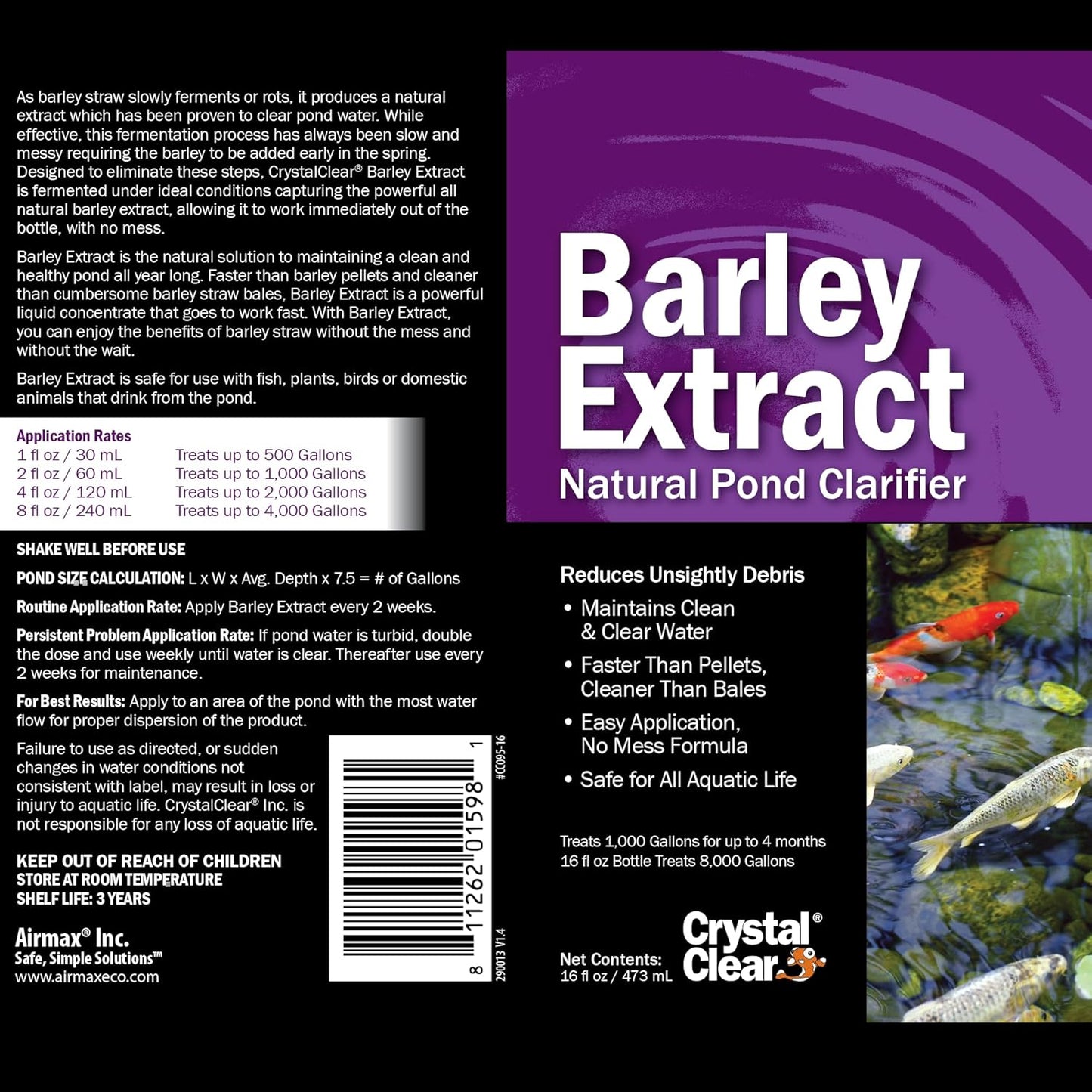 CrystalClear Barley Extract Water Garden & Fountain Clarifier, Natural Liquid Concentrate to Treat Cloudy Ponds, Koi Fish, Plant & Pet Safe, 2.5 Gallon