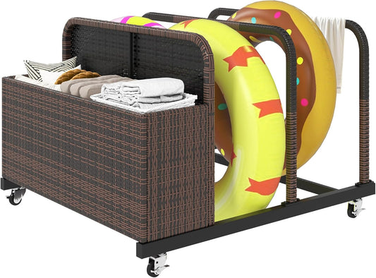 DWVO Pool Float Storage, Pool Storage Bin with PE Rattan,Pool Storage for cushions, Floaties, Noodles, Life Vests, Beach Balls, Patio Furniture (Brown)