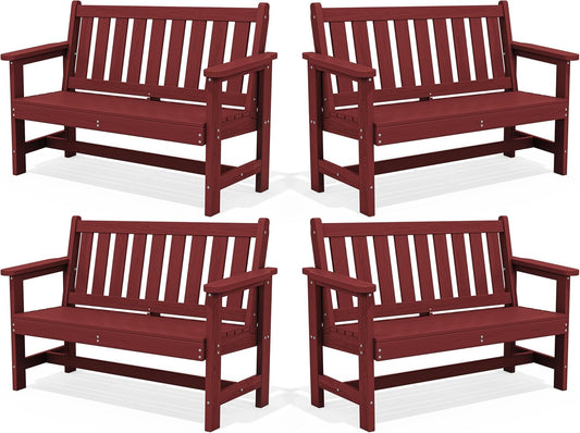 SERWALL Outdoor Bench, HDPE Outdoor Benches Weatherproof, 2-Person Garden Bench with 660 lbs Weight Capacity, Patio Benches for Outdoors, Garden, Porch, Backyard and Park, Red, 4 Pack