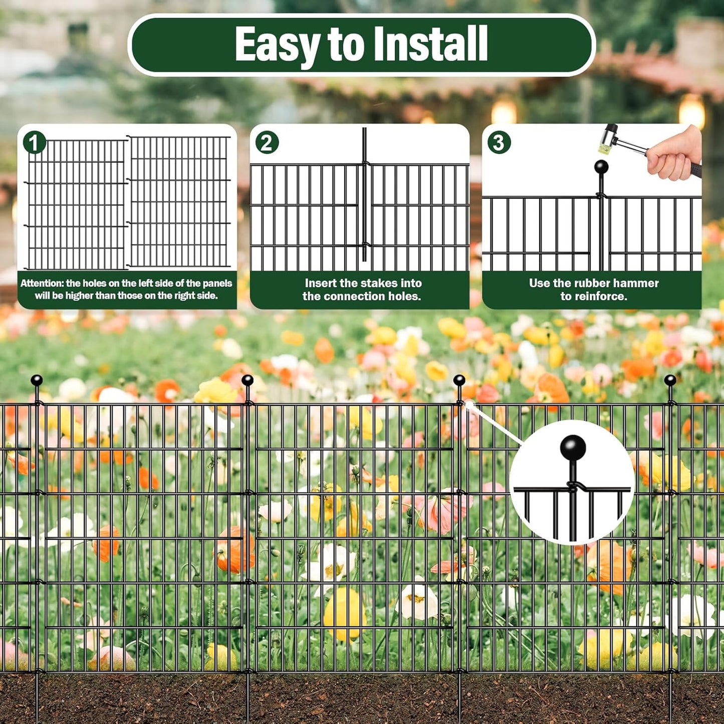 16 Panels Decorative Garden Fence, 32in(H) X 34.7ft(L) No Dig Animal Barrier Fencing, Rustproof Metal Garden Fence Panels with Gate, Dog Fence Outdoor for Yard