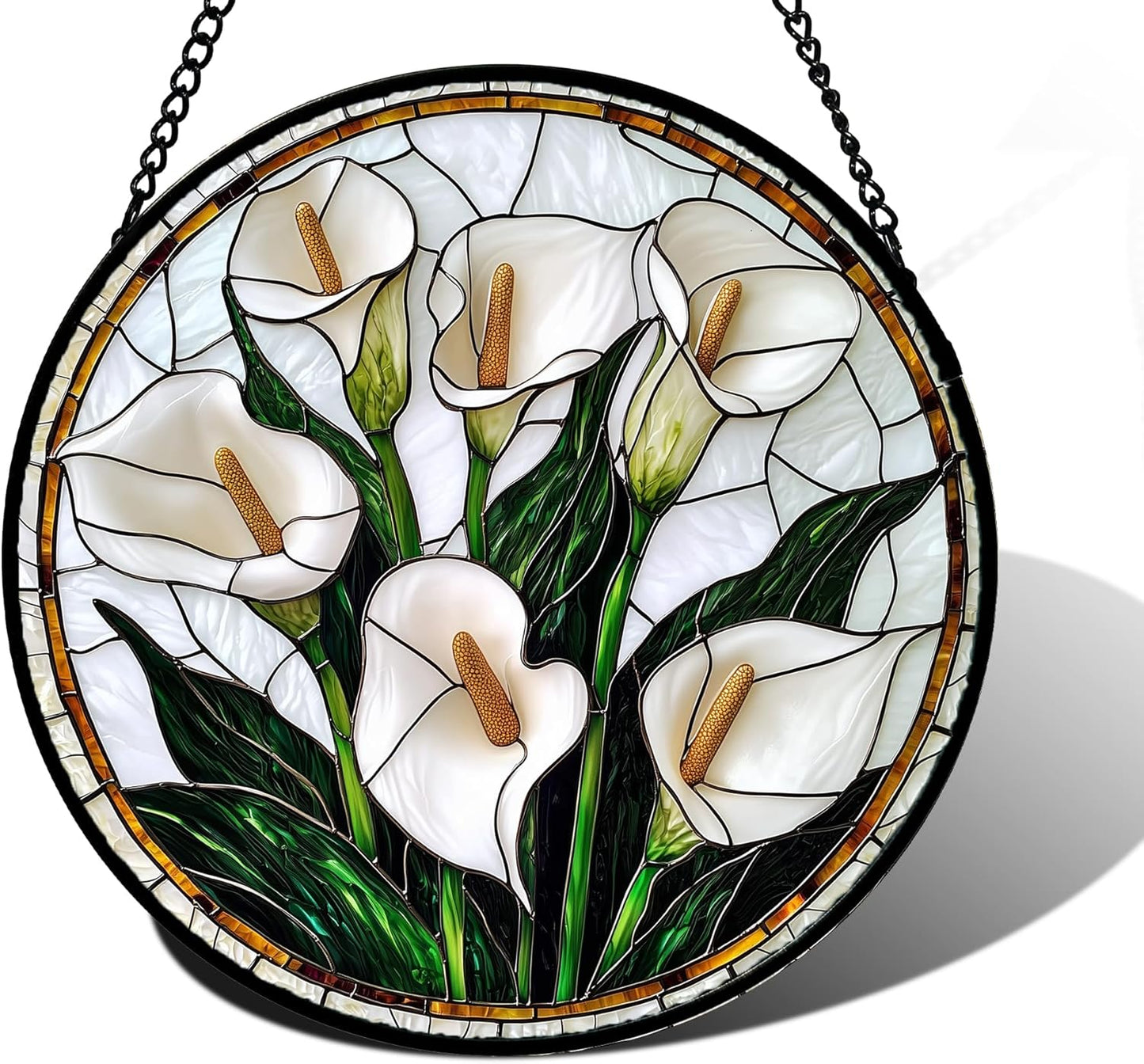 Stained Glass Window Hanging, White Calla Lily Flowers Sun Catchers Glass Panel Plant Suncatcher Decor for Birthday for Women, Men, Wife, Aunt, and Mom 6.3 in