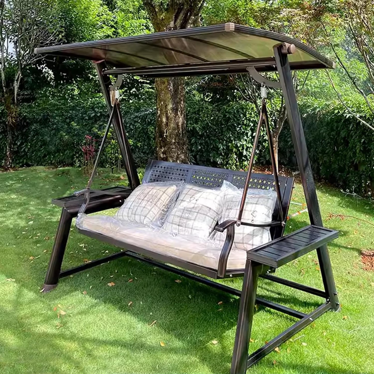 2/3-Seat Outdoor Patio Porch Swing with Adjustable Aluminum Alloy Canopy Solar Patio Swing Chair Bench with Footrest Side Cup Holder for Backyard Lawn (L-Aluminum Mesh Red Copper-3 Seat)