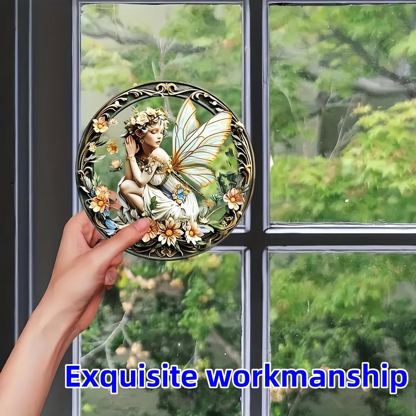 Flower Fairy Garden Decorations Angel Wing Christmas Halloween Deco Statue Art Elf Sculpture Hanging Craft for Outdoor Yard Courtyard Lawn Patio Window Acrylic Ornament Home Gift (A,L: 8*8 IN)