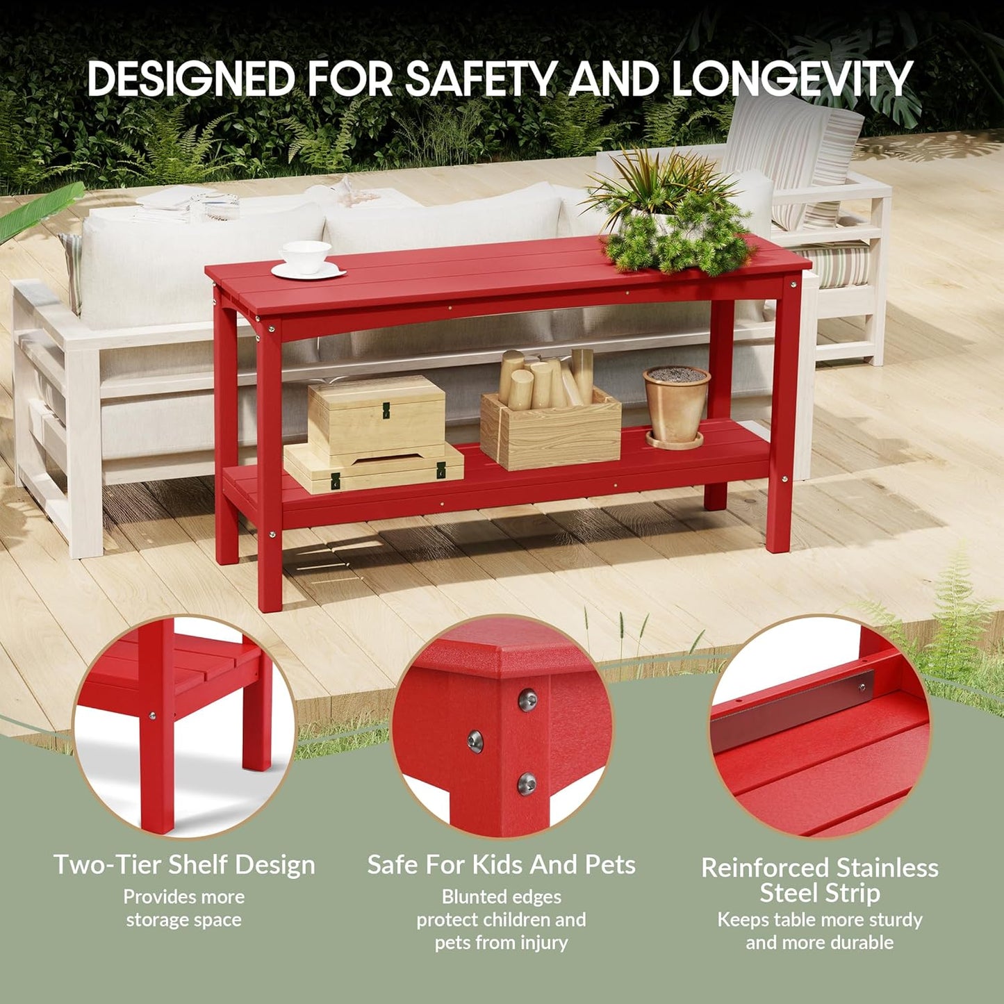 WestinTrends Malibu 55" Outdoor Patio HDPE Adirondack 2-Tier Shelf Console Table, Red