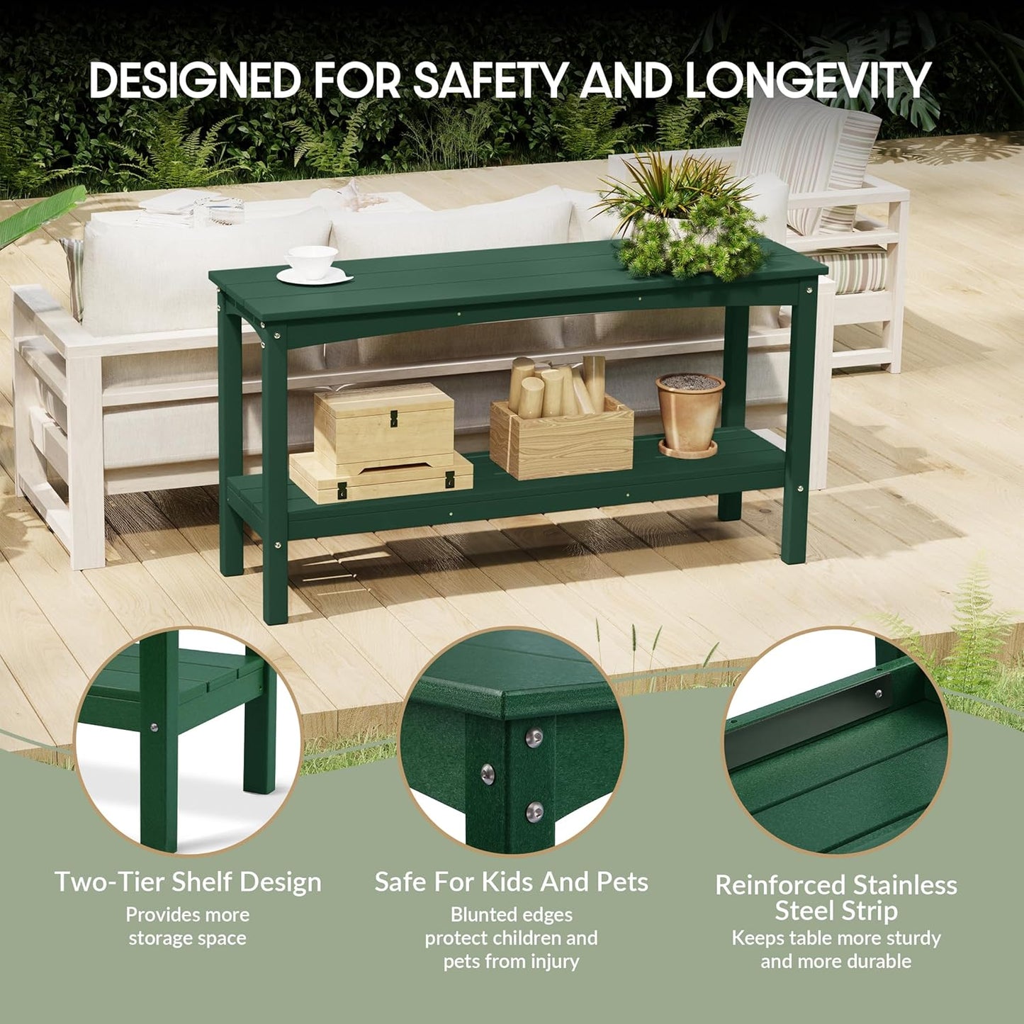 WestinTrends Malibu 55" Outdoor Patio HDPE Adirondack 2-Tier Shelf Console Table, Dark Green