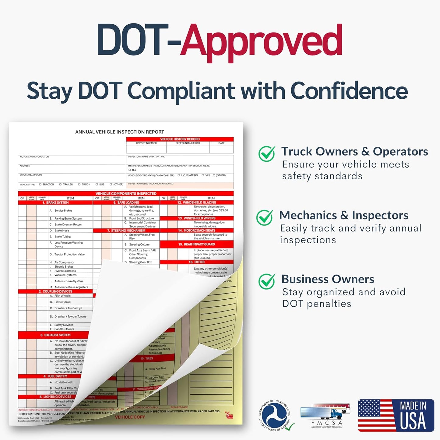 100 Pack 3-Ply Carbonless Annual Vehicle Inspection Report Forms with FMCSA Red Aluminum Labels & White Mylar Laminate Vinyl Labels, DOT Inspection Forms and Stickers, Shrink-Wrapped, 8.5" x 11.75"