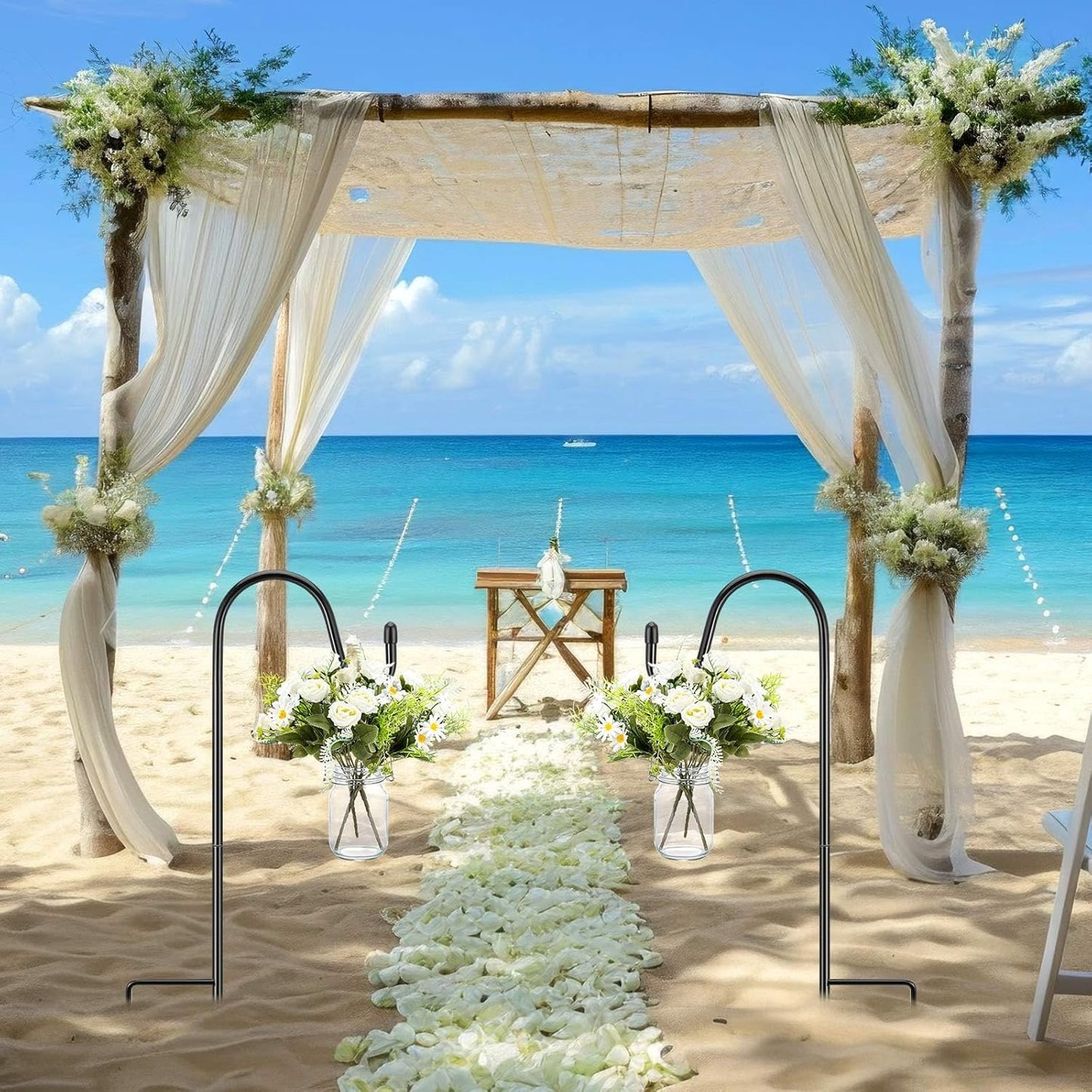 8 Sets Wedding Aisle Decoration Include 16 oz Rose Daisy Hanging Mason Jar 32" Shepherds Hooks Rustic Mason Jar with Faux Rose and Daisy for Outdoor Wedding Isle Ceremony Decorations