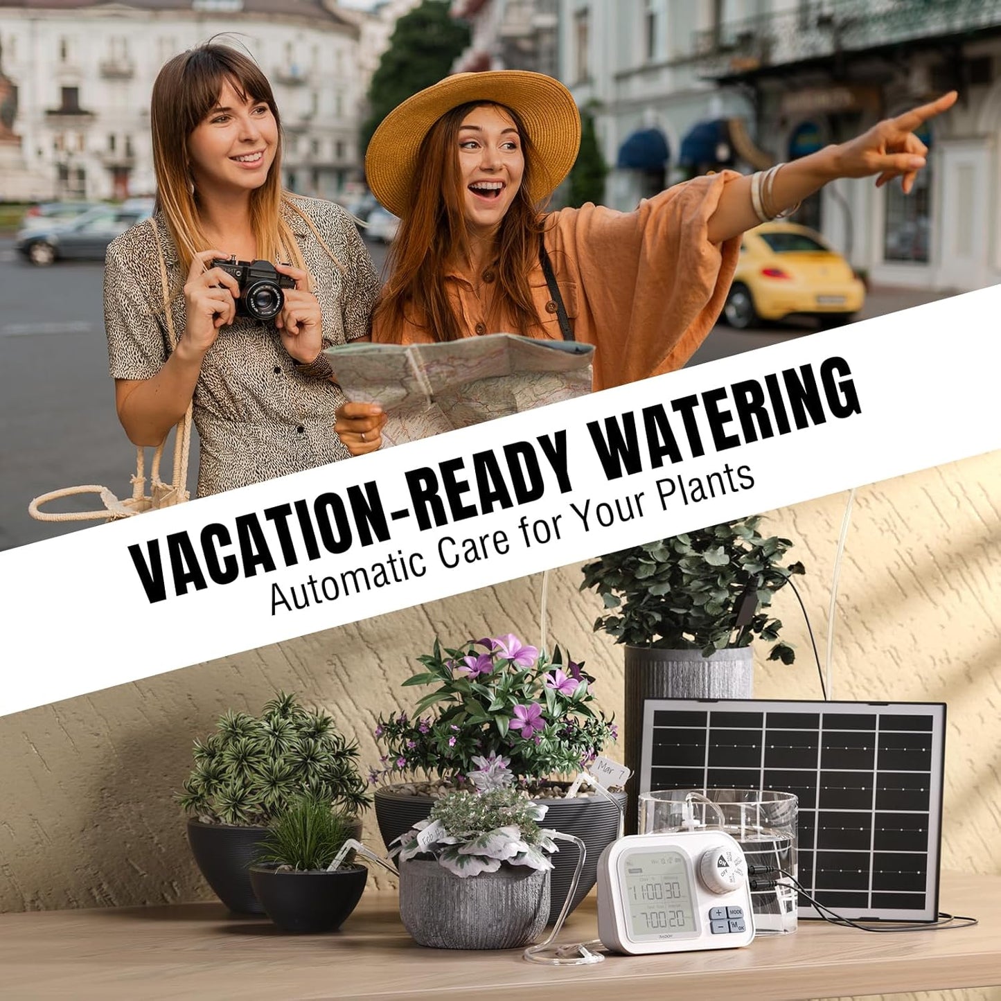 Raddy WS-7 Solar Drip Irrigation Kit with IPX7 Waterproof, Auto Watering System for 15 Potted Plants, with Auto-Soil Humidity Detection, 2600mAh Battery, Large Display for Indoor Outdoor Balcony