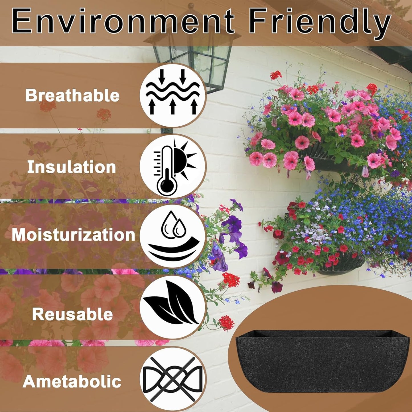 2-Pack 36in Planter Liners - Breathable Felt Hanging Basket and Window Box Liners - Prevent Root Suffocation and Bird Damage - Black