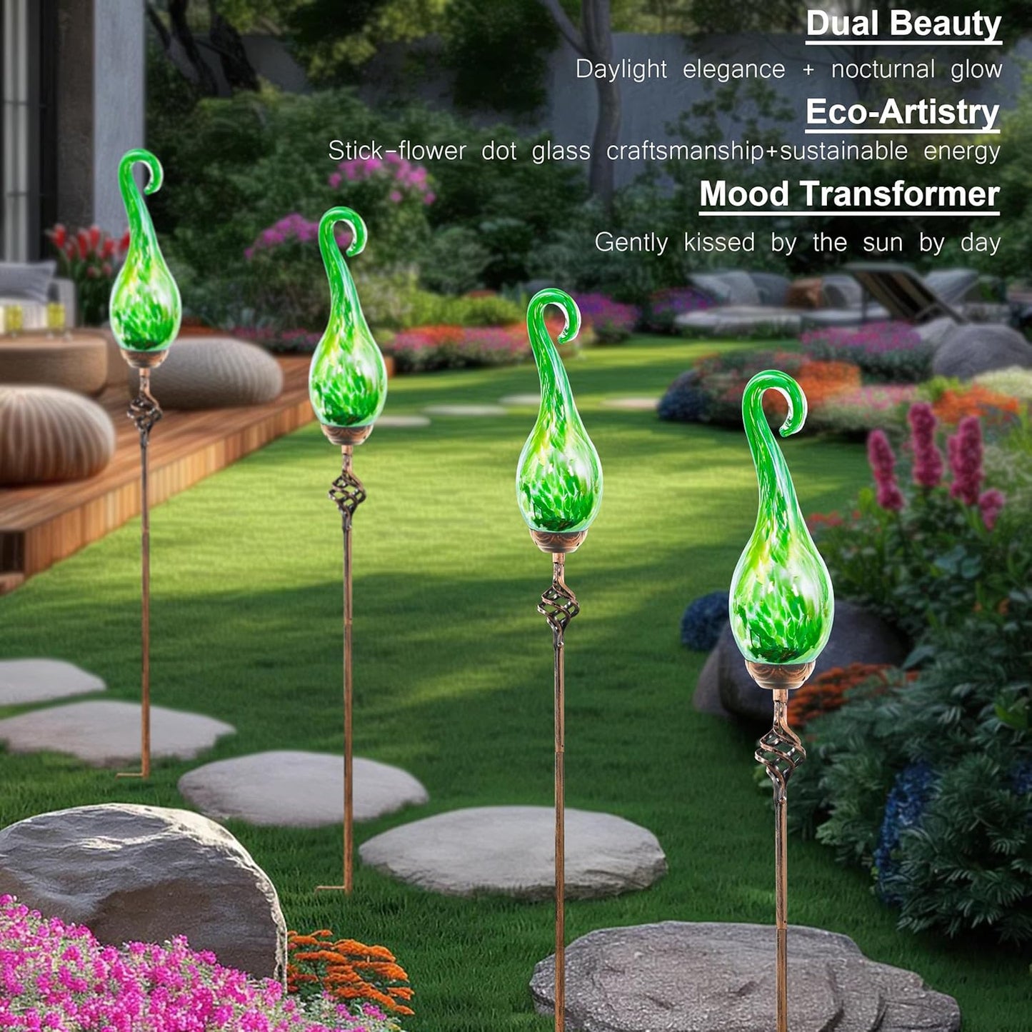 Garden Solar Lights Outdoor, Decorative LED Pearlized Glass Spiral Garden Stake with Finial, Hand Blown Glass and Metal Outdoor Decoration, 3 x 36 Inch (Green)