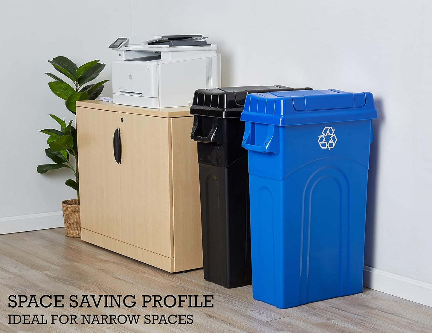 United Solutions 23 Gallon Highboy Plastic Recycling Bin Kitchen Trash Can with Lid, Pass Through Handles, and Dustpan Edge, Blue