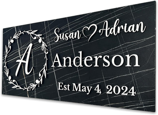 Personalized Black Marble Family Name Sign – Custom Couple Names with Monogram & Established Date – Stylish Wedding, Anniversary, or Housewarming Gift – Dark Wood Wall Decor