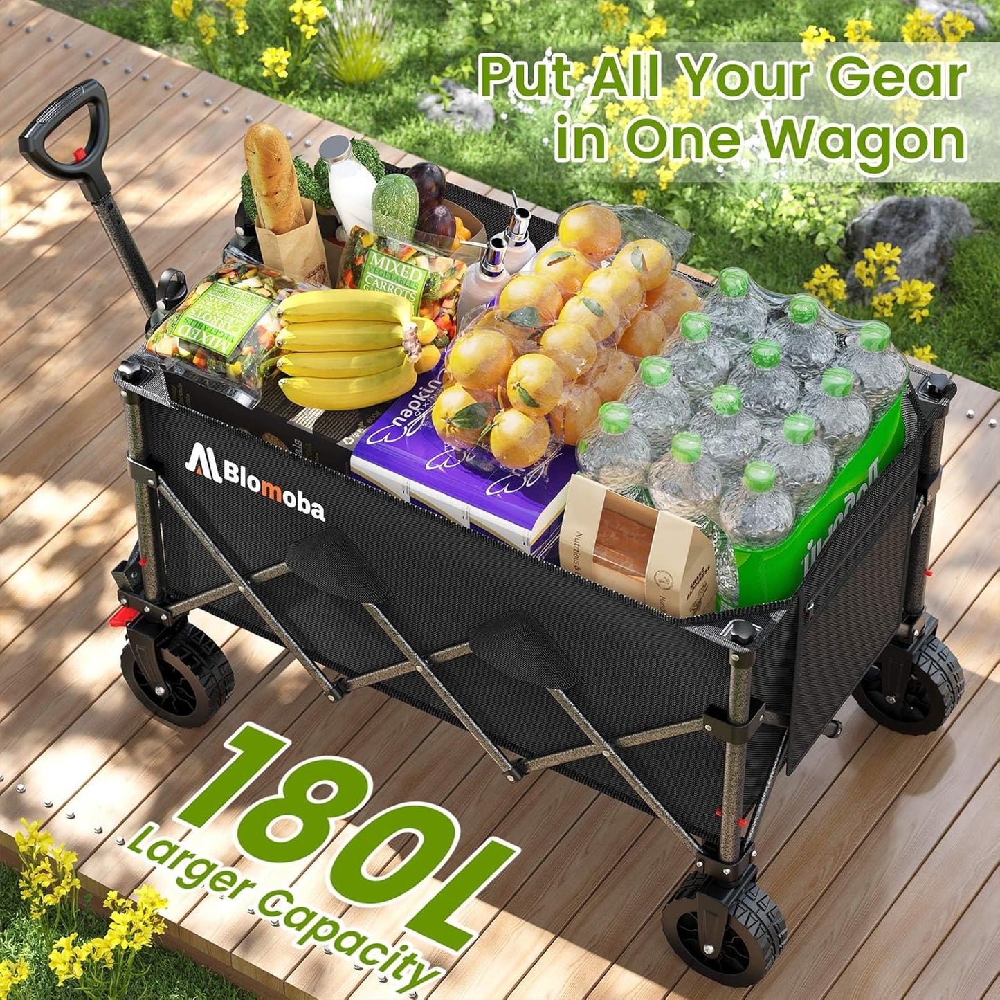 Folding Wagon Cart with Wheels, 180L 330LBS Heavy Duty Utility Wagon, Beach Wagon with All-Terrain Wheels, Portable Grocery Wagons for Camping, Shopping, Garden, Sports, Black