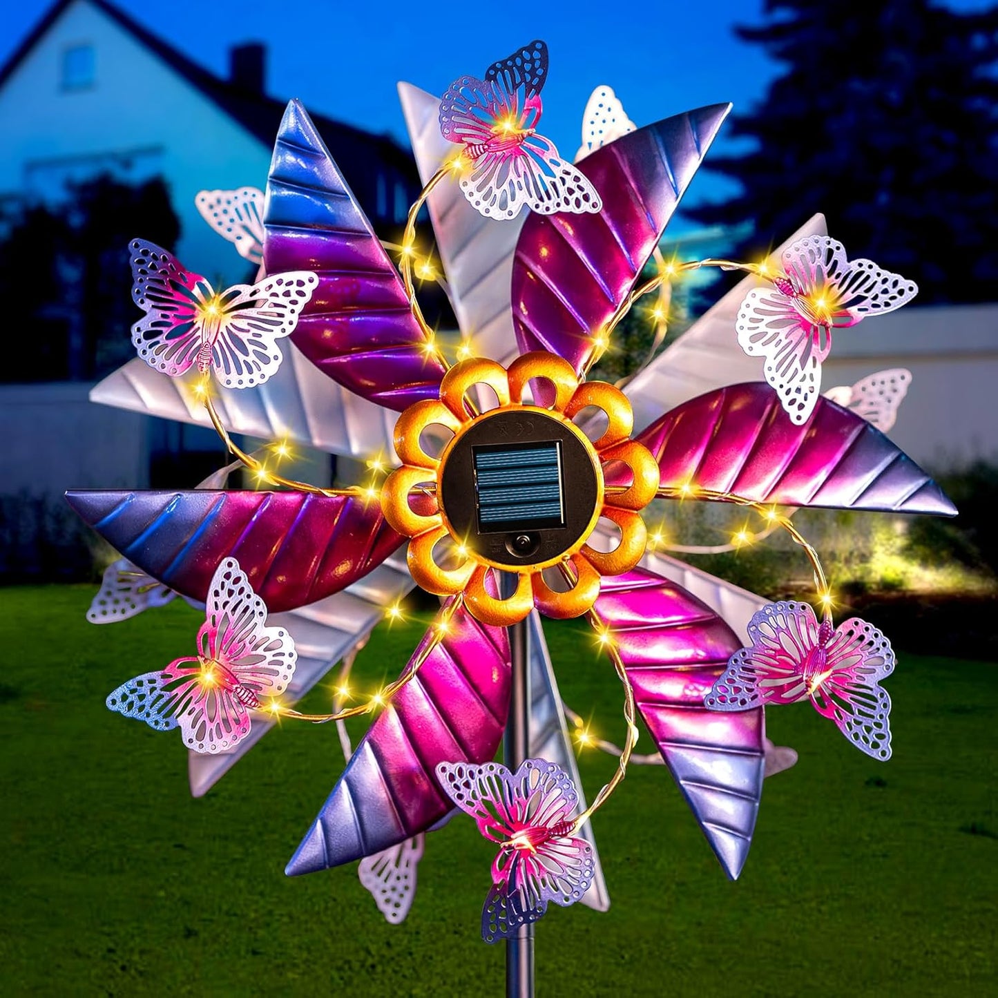 Solar Wind Spinners for Yard and Garden - 61.5 Inch 360° Metal Large Wind Sculptures Outdoor Clearance Kinetic Windmills with Vine String Shining LED Lights for Patio, Lawn Garden Decoration