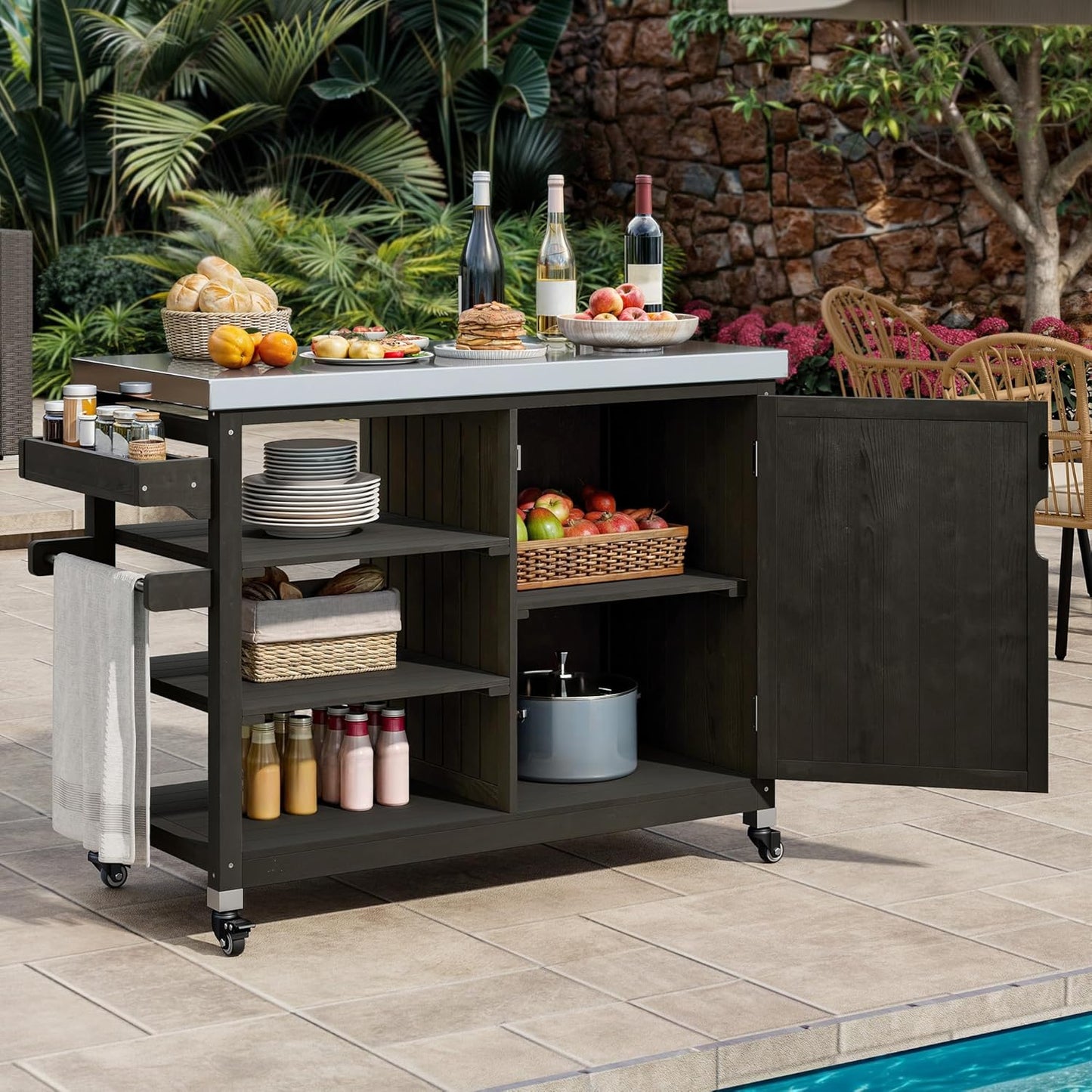 YITAHOME Solid Wood Patio Bar Table XL Outdoor Storage Cabinet Bar Table with Spice Rack and Lockable Wheels, Portable Outdoor Kitchen Island for Patio, Garden, Porch, Balcony, Brown