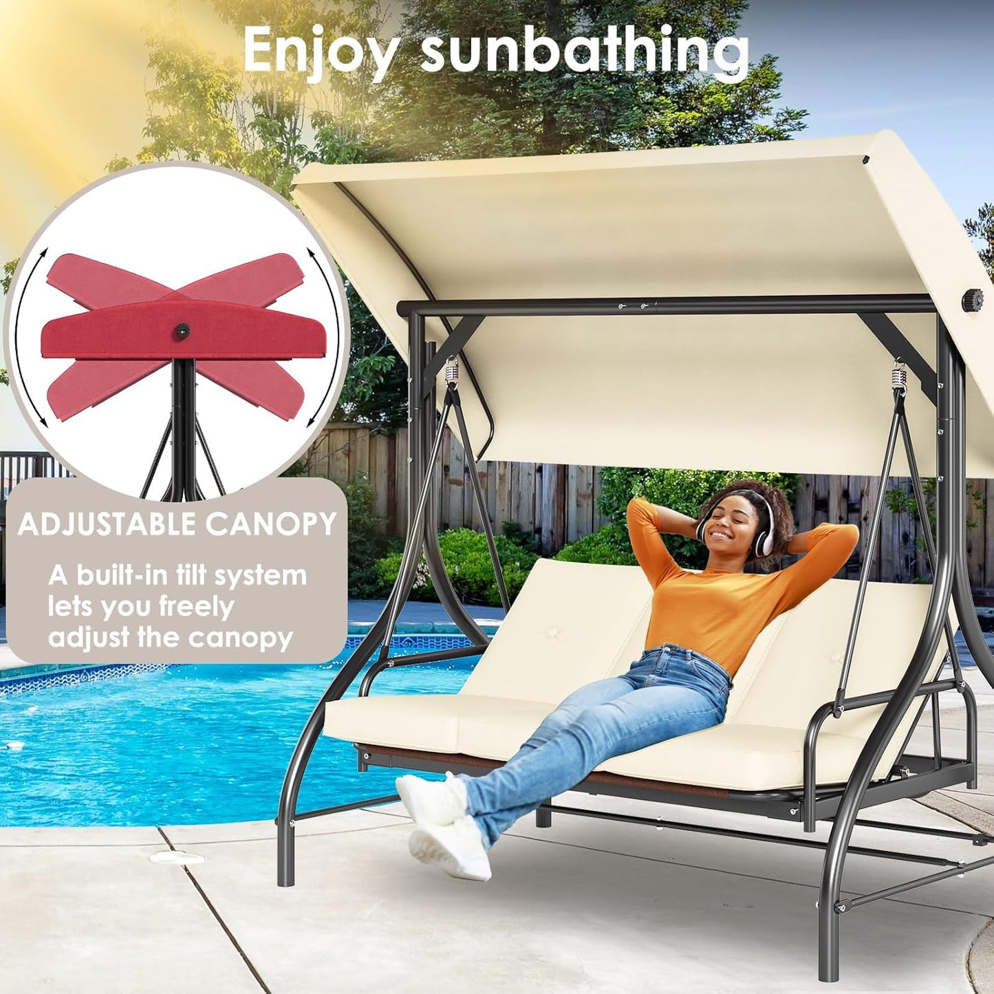 TLSUNNY 3-Seat Outdoor Patio Porch Swing with Adjustable Canopy & Backrest, Convertible Glider Bed with Stand, Removable Seat Cushion, 45° Tilt Adjustment for Backyard, Poolside, Balcony - 750LBS