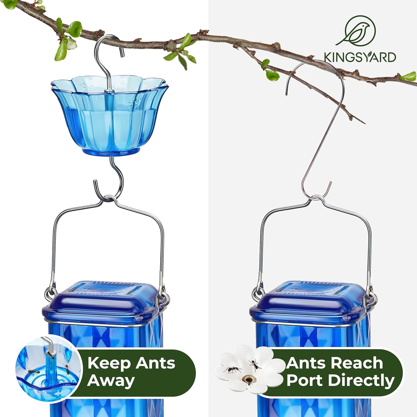 Kingsyard 2 Pack Glass Hummingbird Feeder for Outdoor Hanging, 24 Ounces, 6 Feeding Ports, Bird Nectar Feeder for Garden Décor, Ant Moat Included, Blue
